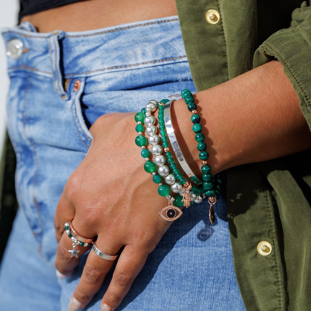Steff Rose Gold & Green Onyx Bead Bracelet with Hamsa Hand Charm - Steffans Jewellers