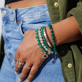 Steff Silver & Green Onyx Agate Gemstone Bead Bracelet with Hamsa Hand Charm
