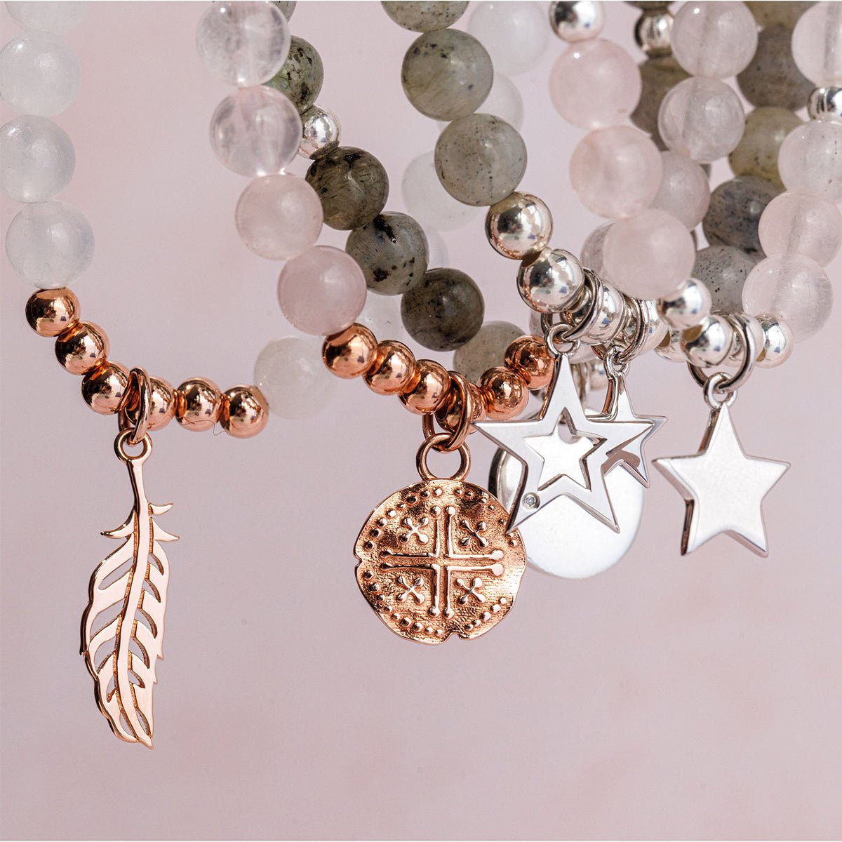Steff Rose Gold and White Jade Bead Bracelets with Feather Charm - Steffans Jewellers