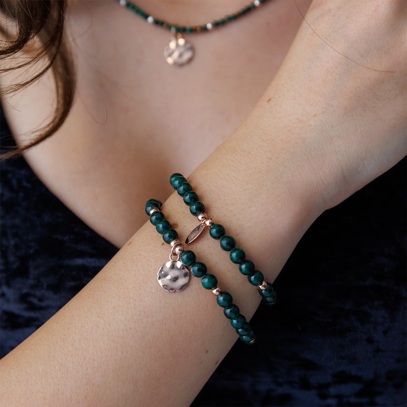 Steff Rose Gold & Green Malachite Bead Bracelet with Disk Charm - Steffans Jewellers