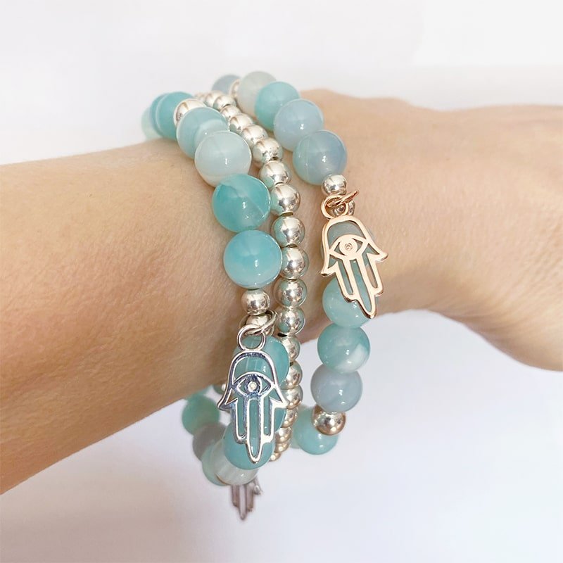 Steff Silver & Blue Agate Bead Ball Bracelets with Hamsa Hand Charm - Steffans Jewellers