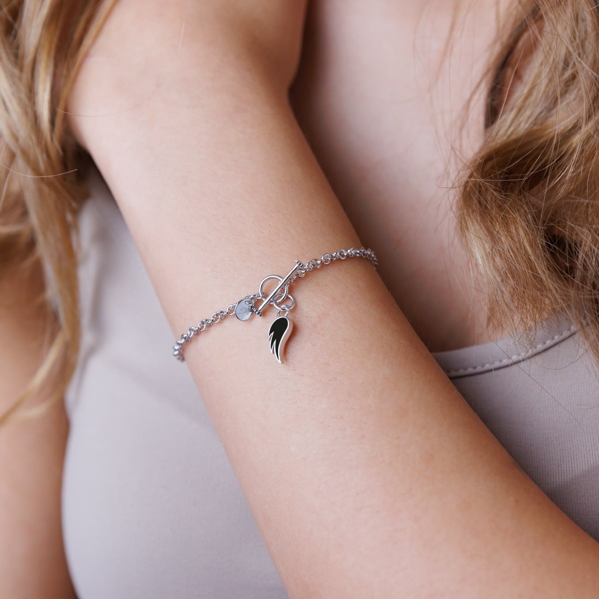 Steff Silver Bracelet with Silver & Black Enamel Guardian Angel Wing Charm. - Steffans Jewellers