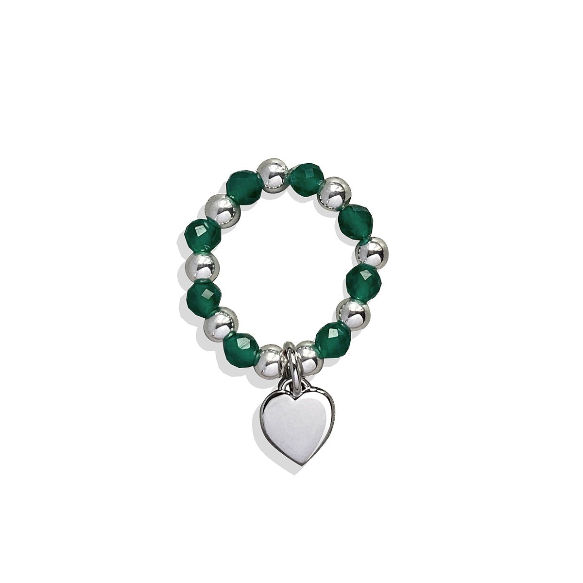 Steff Silver & Green Onyx Agate Bead Ring with Heart Charm - Steffans Jewellers