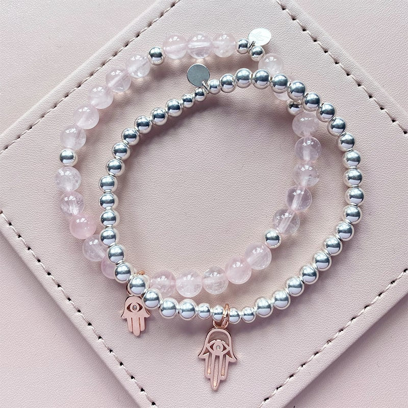 Steff Silver & Rose Quartz Bead Bracelets with Hamsa Hand Charm - Steffans Jewellers