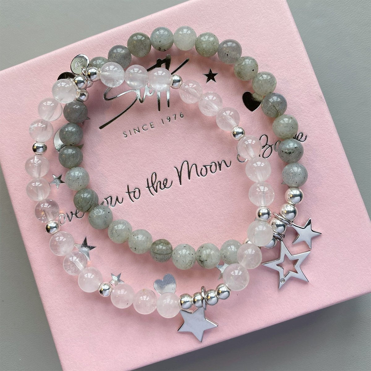 Steff Silver & Rose Quartz Bead Bracelets With Star Charm Large